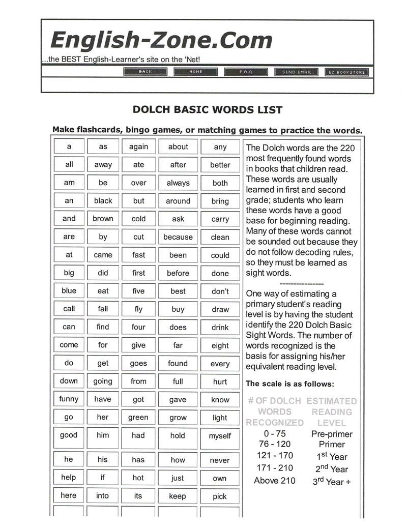 Dolch Word List Page 1 of 2